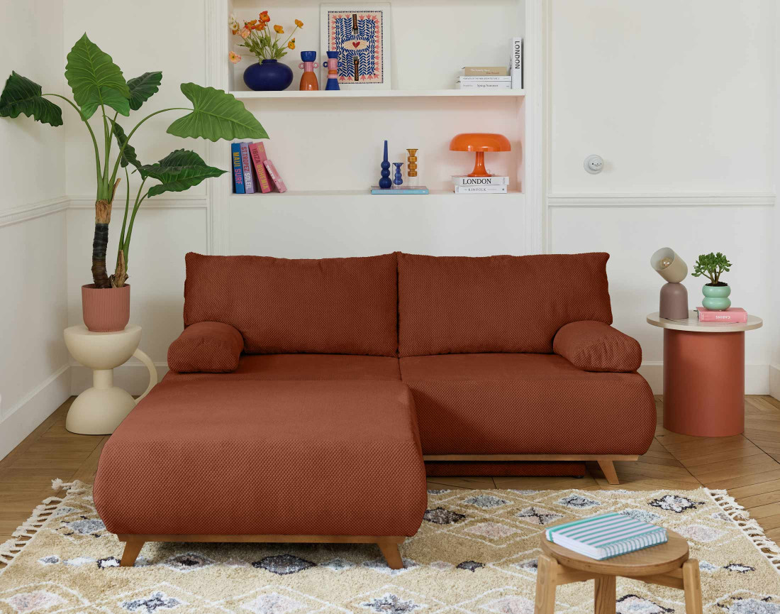 Canapé 3 places convertible avec coffre et grand pouf en velours texturé Cristal