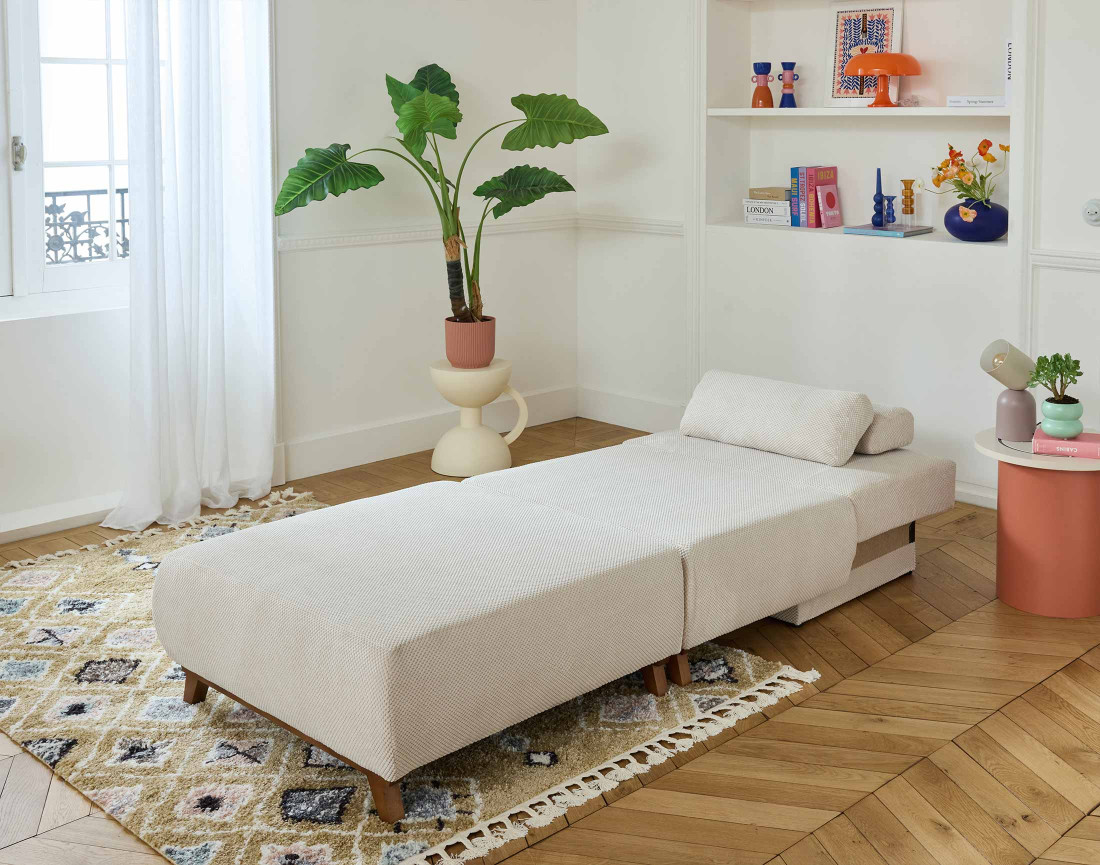 Fauteuil convertible avec coffre et grand pouf en velours texturé Cristal