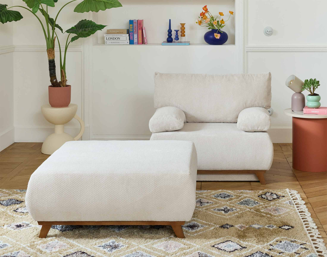 Fauteuil convertible avec coffre et grand pouf en velours texturé Cristal