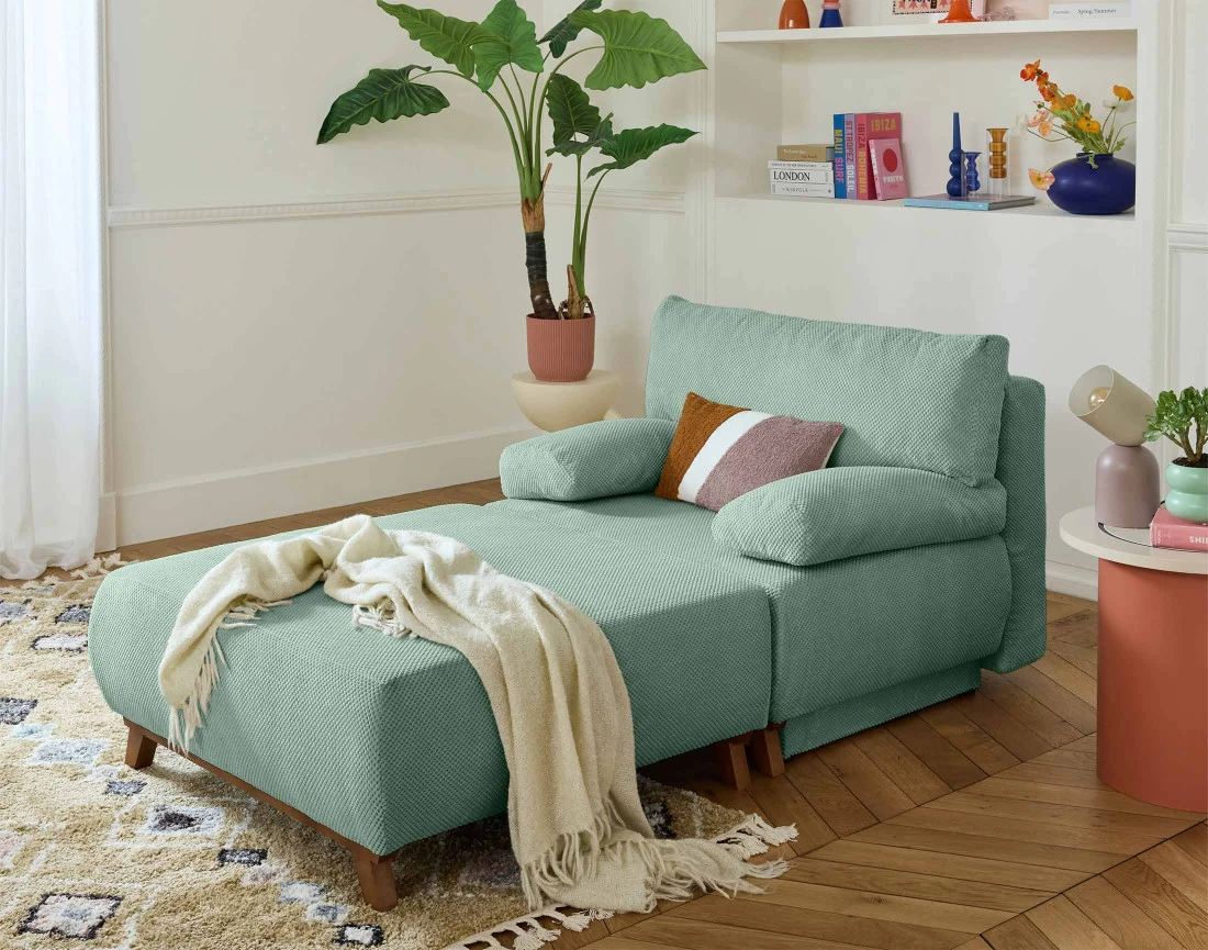 Fauteuil convertible avec coffre et grand pouf en velours texturé Cristal