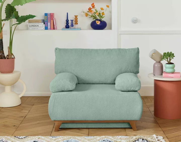 Fauteuil convertible avec coffre et grand pouf en velours texturé Cristal