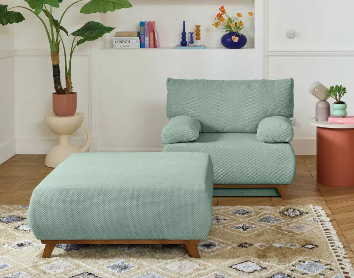 Fauteuil convertible avec coffre et grand pouf en velours texturé Cristal