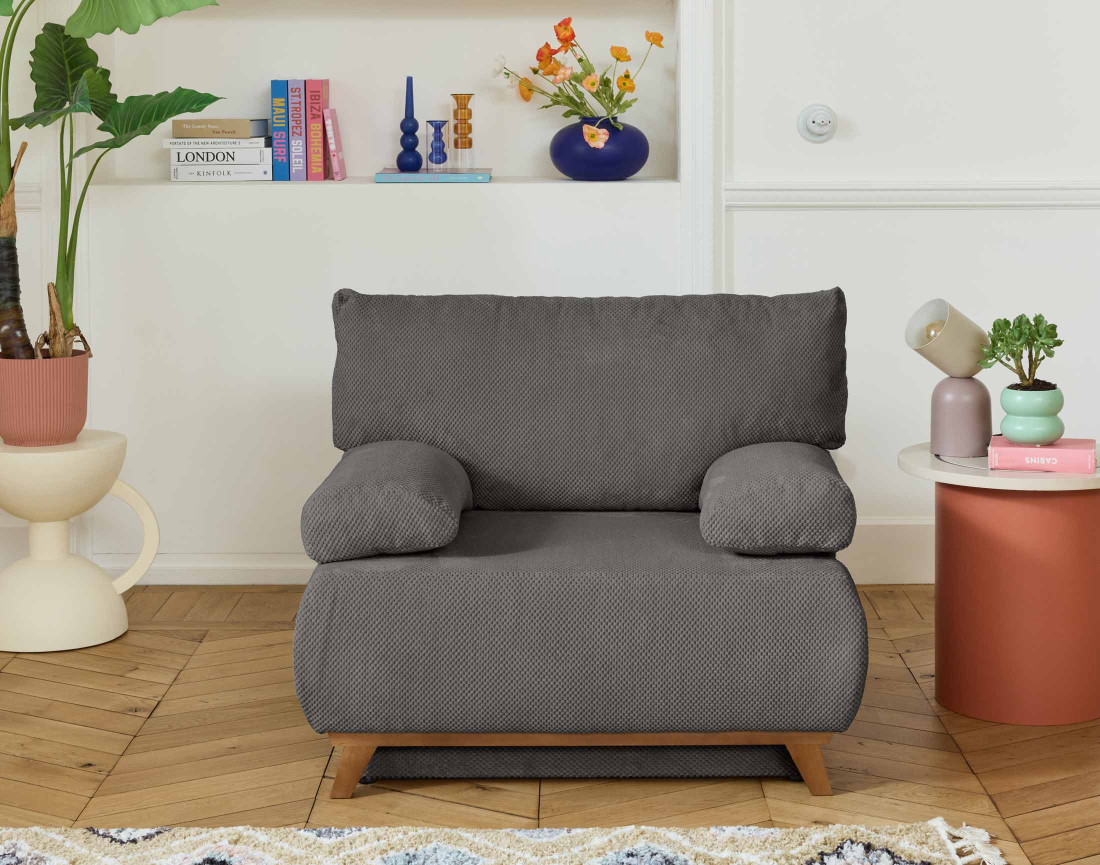 Fauteuil convertible avec coffre et grand pouf en velours texturé Cristal