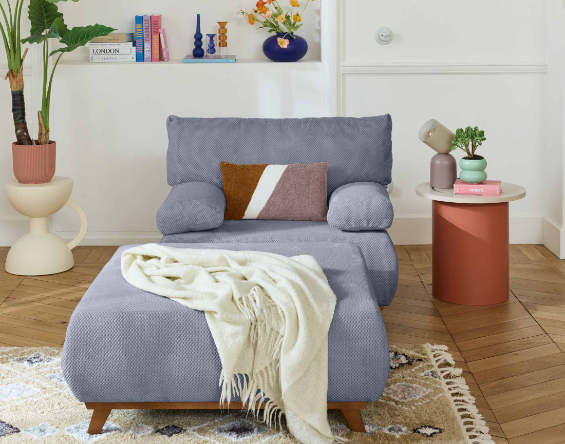 Fauteuil convertible avec coffre et grand pouf en velours texturé Cristal