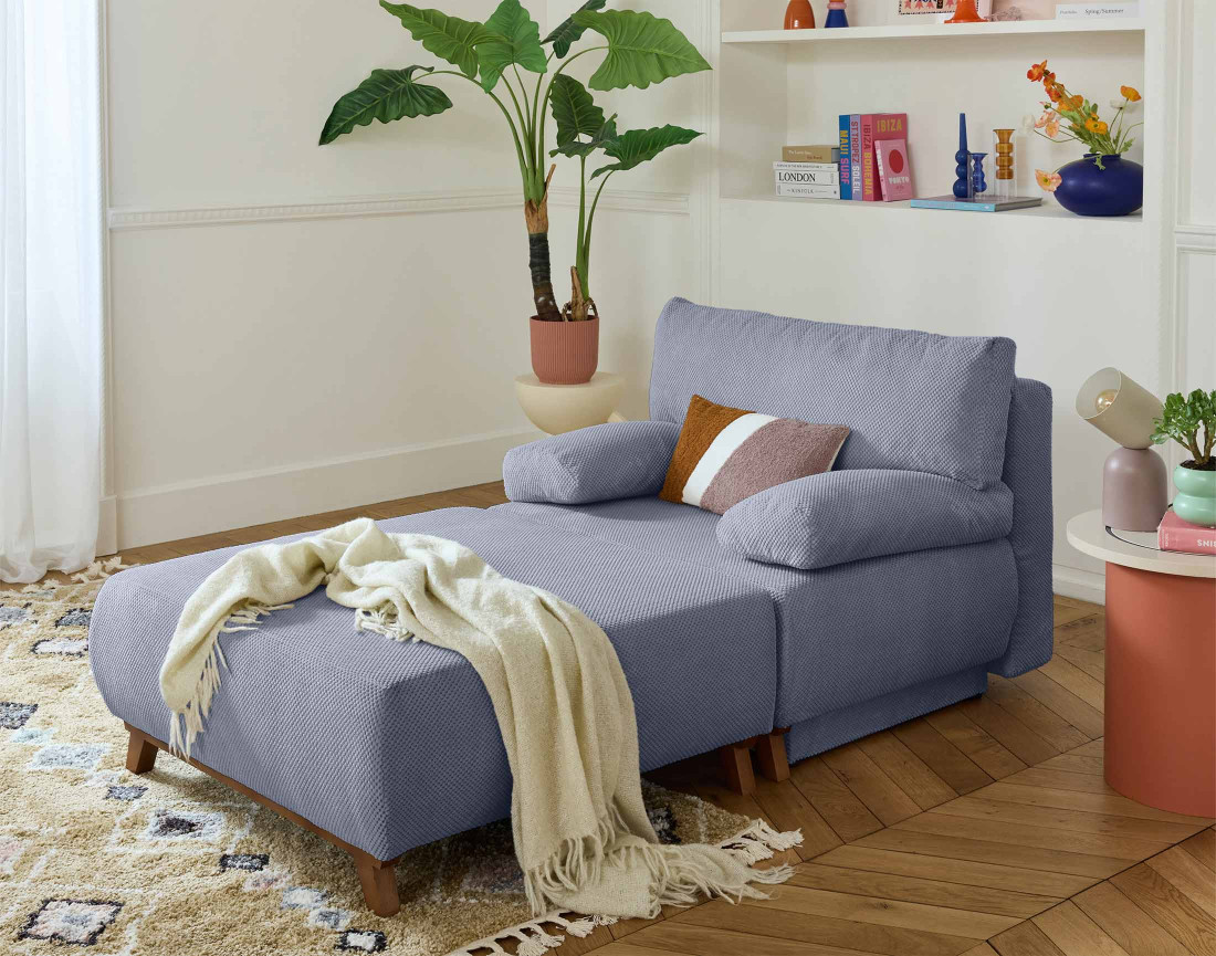Fauteuil convertible avec coffre et grand pouf en velours texturé Cristal