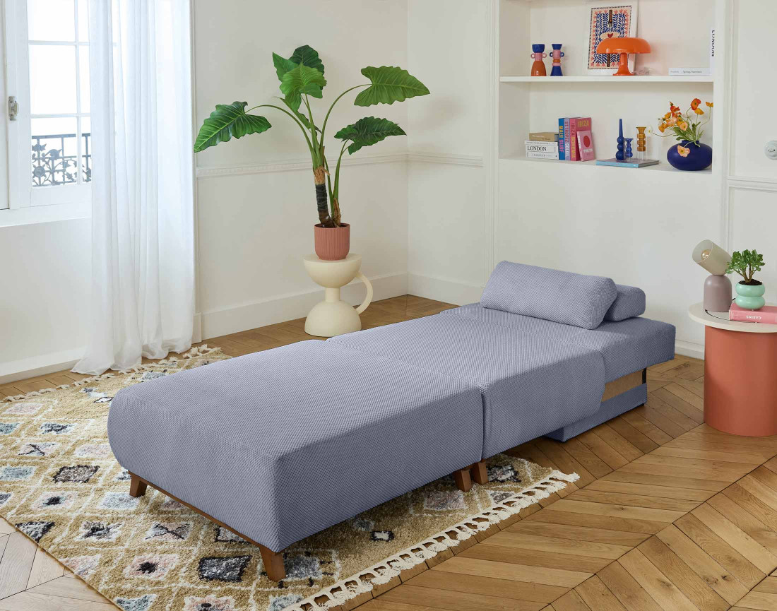 Fauteuil convertible avec coffre et grand pouf en velours texturé Cristal
