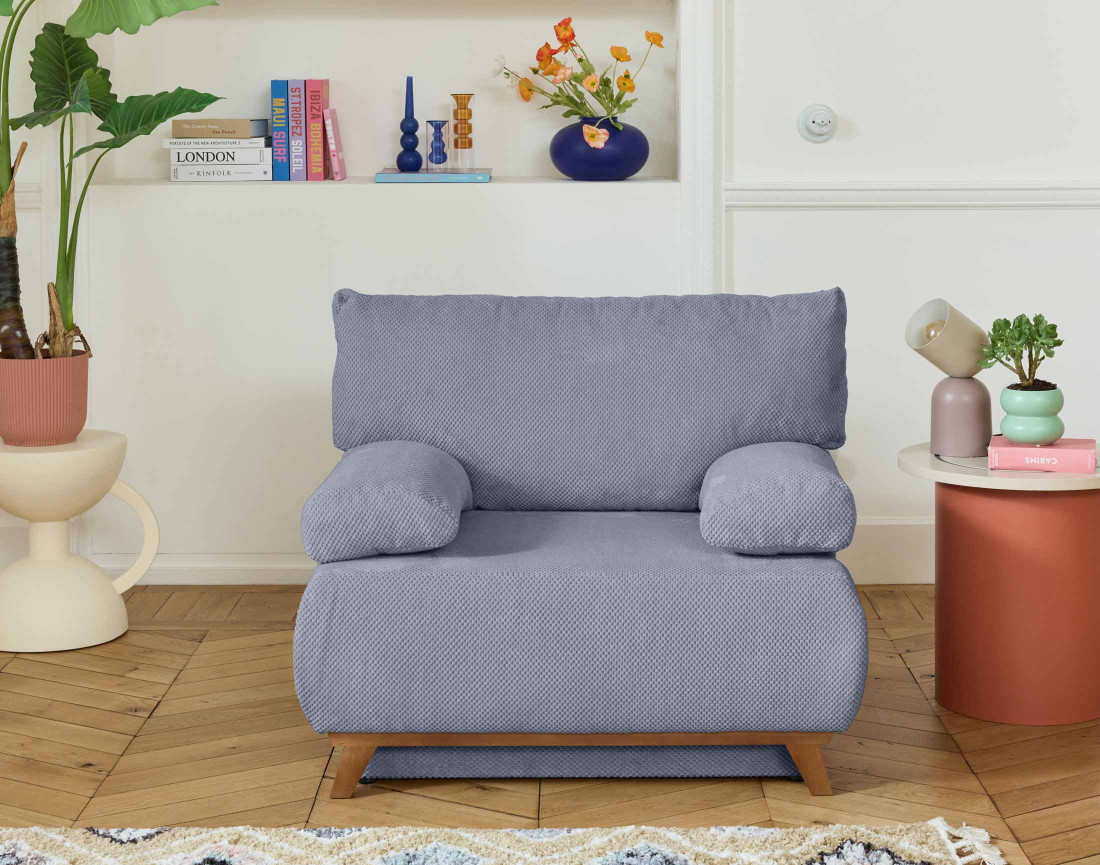 Fauteuil convertible avec coffre et grand pouf en velours texturé Cristal