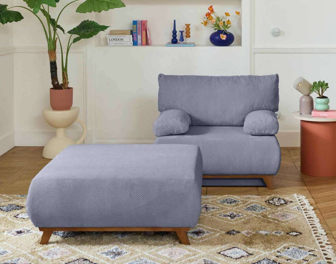 Fauteuil convertible avec coffre et grand pouf en velours texturé Cristal