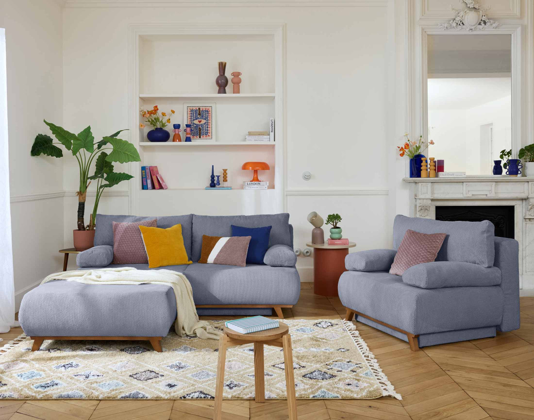 Fauteuil convertible avec coffre et grand pouf en velours texturé Cristal