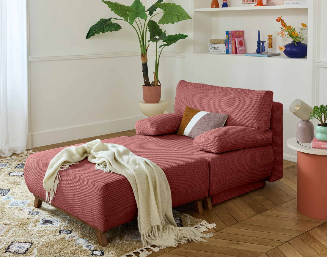 Fauteuil convertible avec coffre et grand pouf en velours texturé Cristal