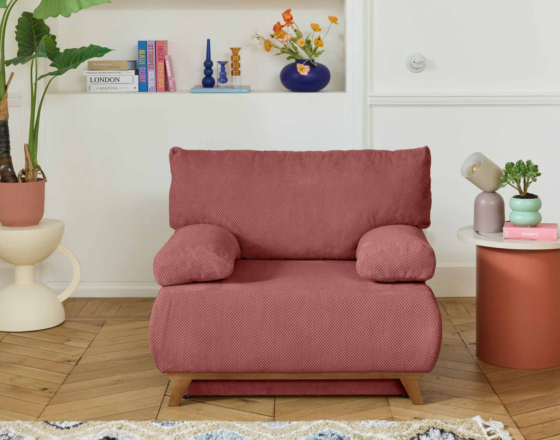 Fauteuil convertible avec coffre et grand pouf en velours texturé Cristal