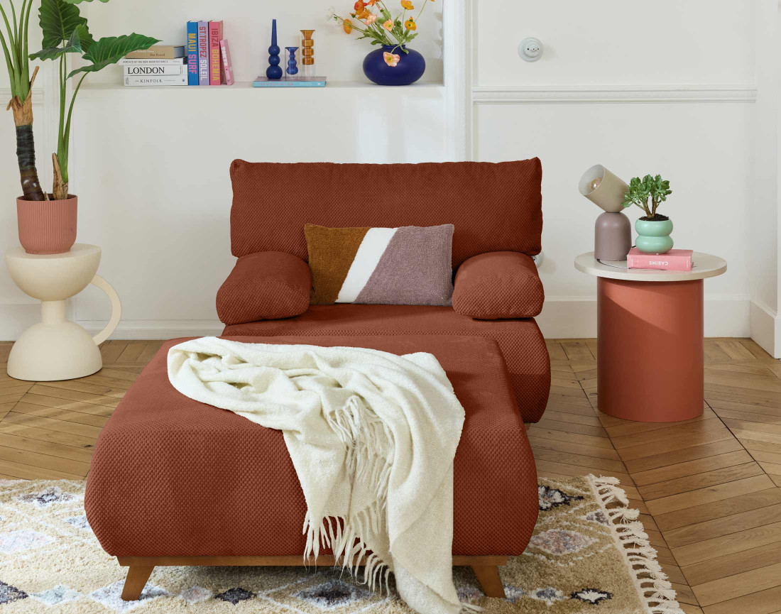 Fauteuil convertible avec coffre et grand pouf en velours texturé Cristal
