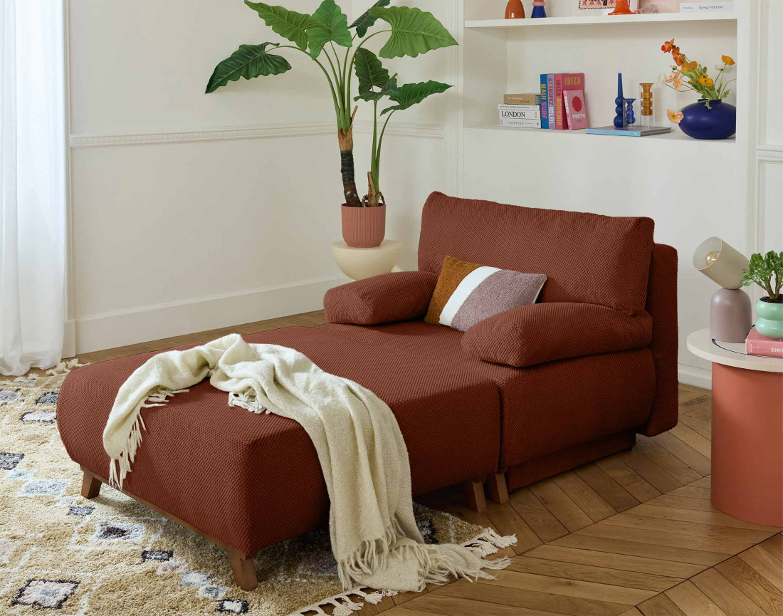Fauteuil convertible avec coffre et grand pouf en velours texturé Cristal