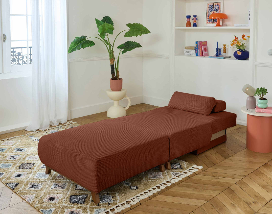 Fauteuil convertible avec coffre et grand pouf en velours texturé Cristal