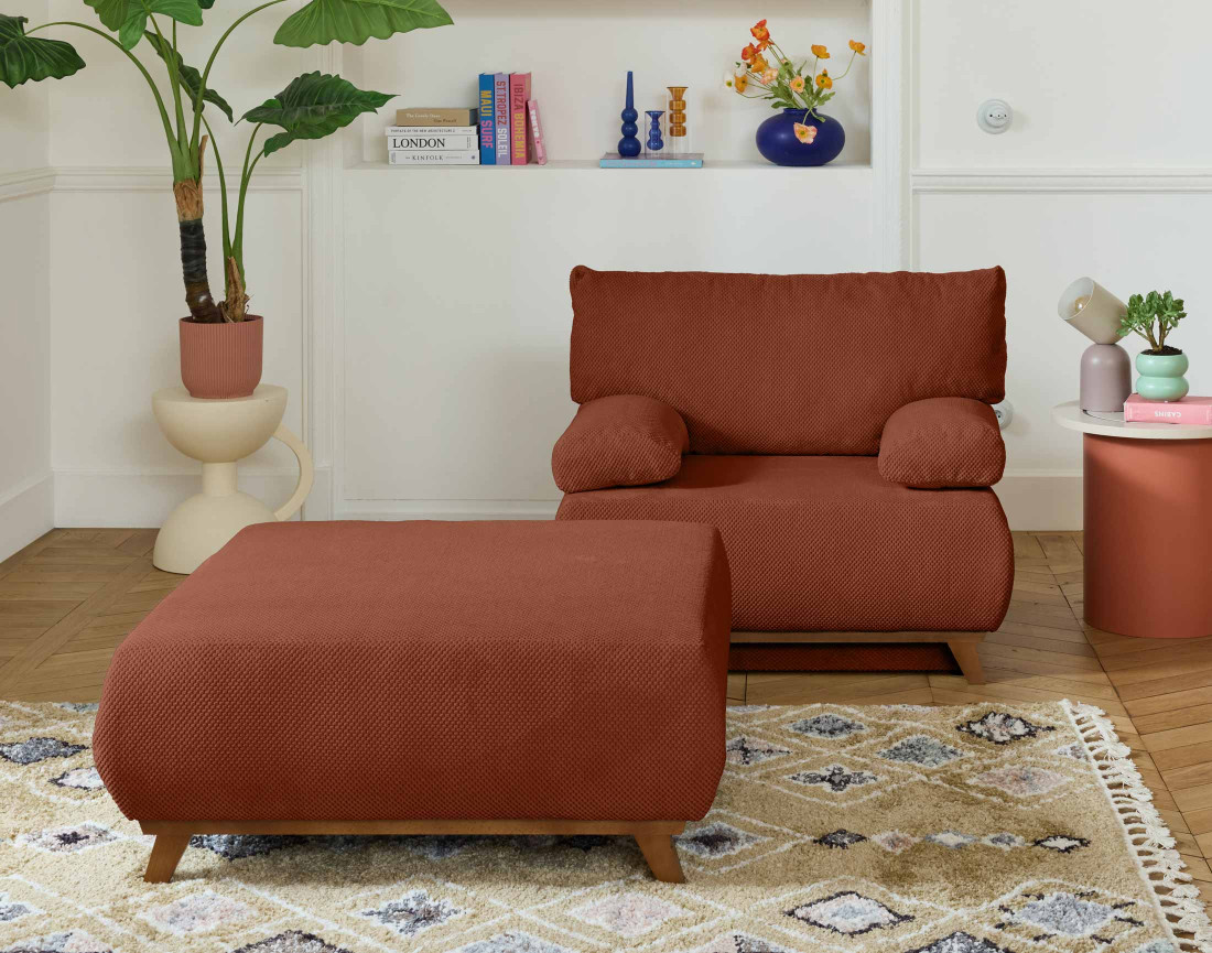 Fauteuil convertible avec coffre et grand pouf en velours texturé Cristal