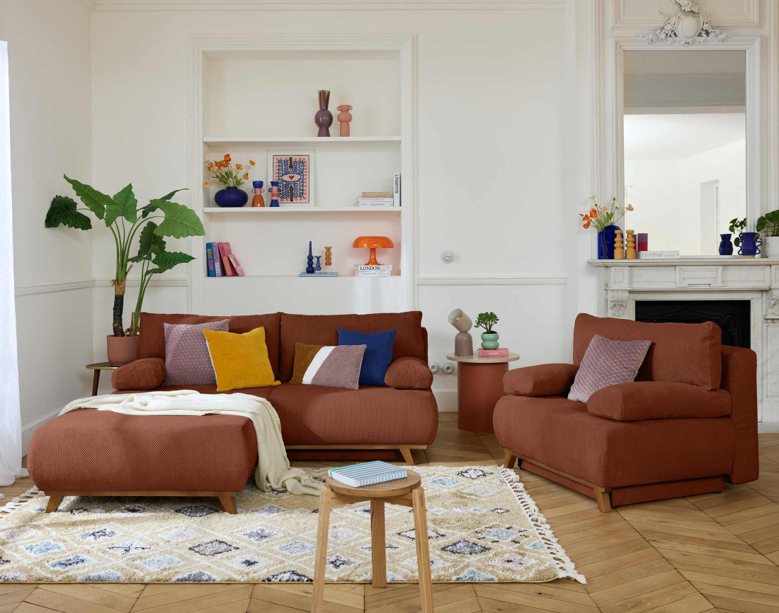 Fauteuil convertible avec coffre et grand pouf en velours texturé Cristal