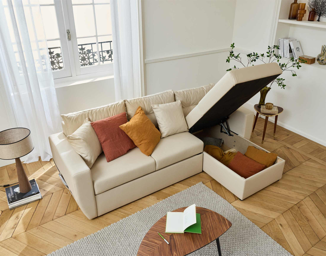 Canapé d'angle réversible 4 places convertible avec coffre en simili Astoria