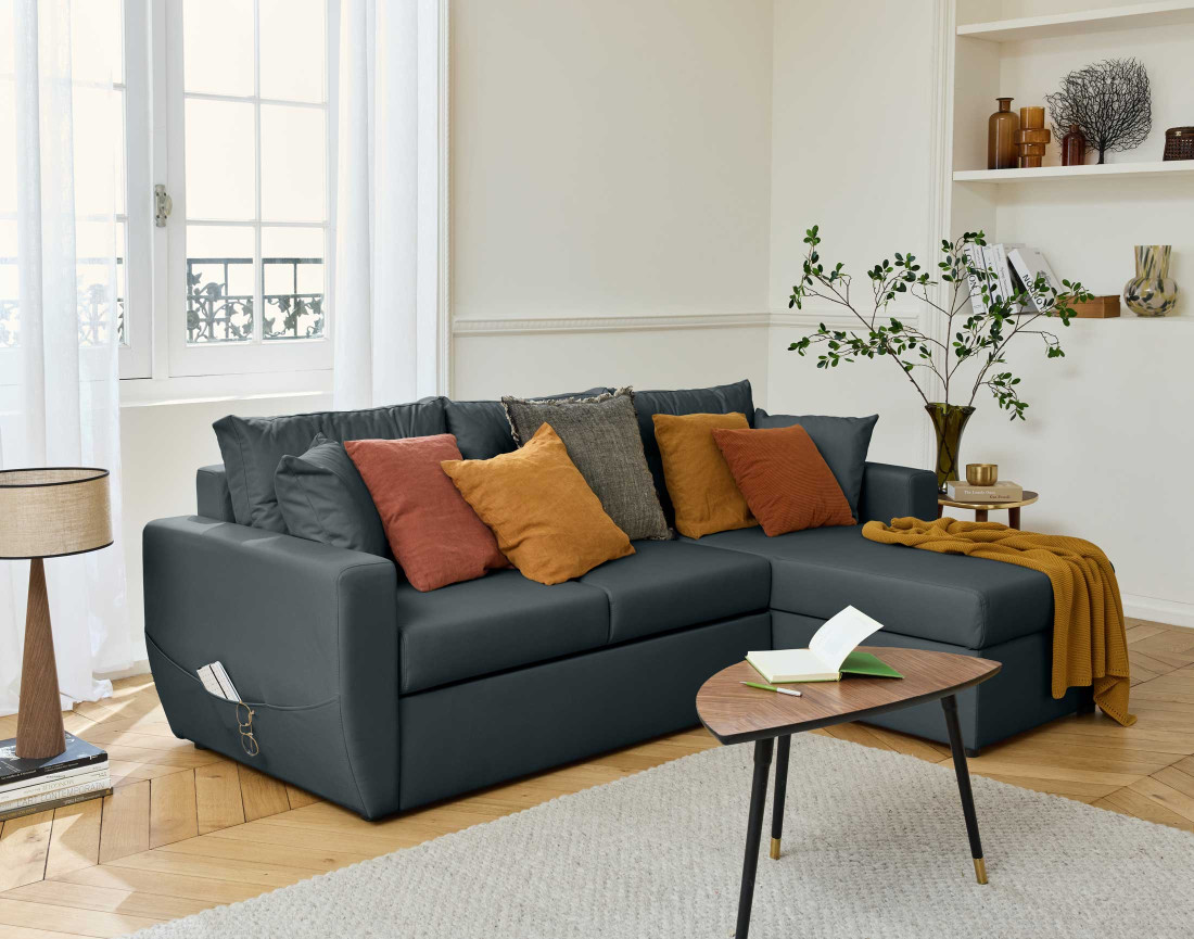 Canapé d'angle réversible 4 places convertible avec coffre en cuir vegan Astoria