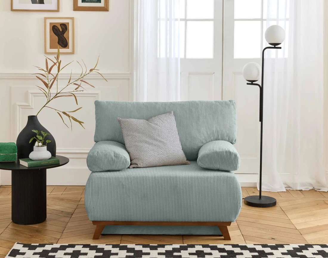 Fauteuil convertible avec coffre en velours côtelé Cristal