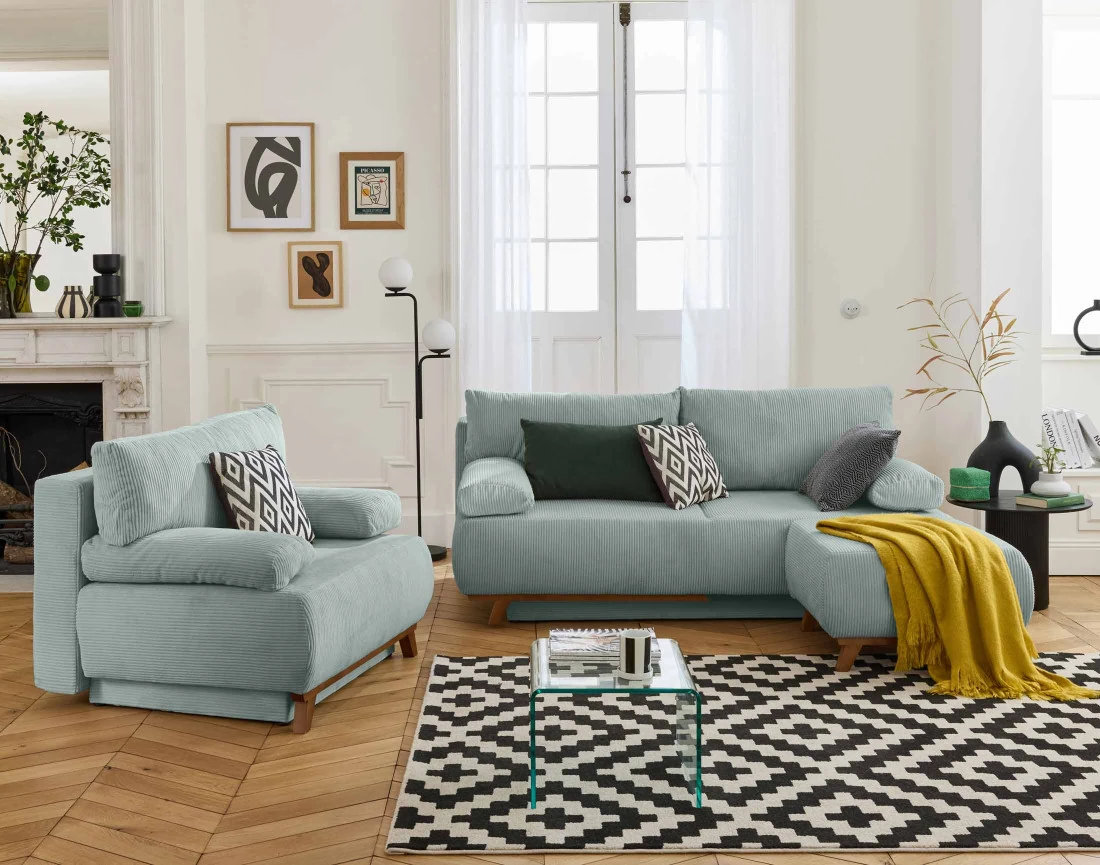 Fauteuil convertible avec coffre en velours côtelé Cristal