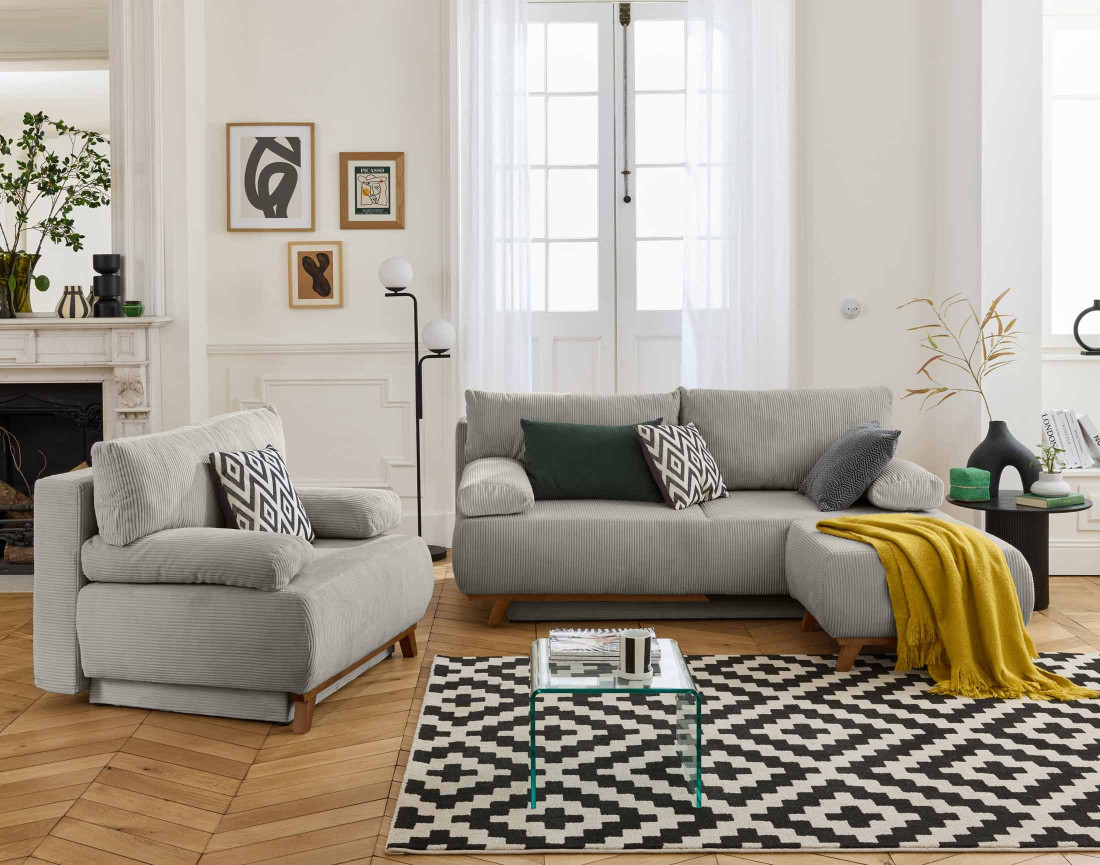 Fauteuil convertible avec coffre en velours côtelé Cristal