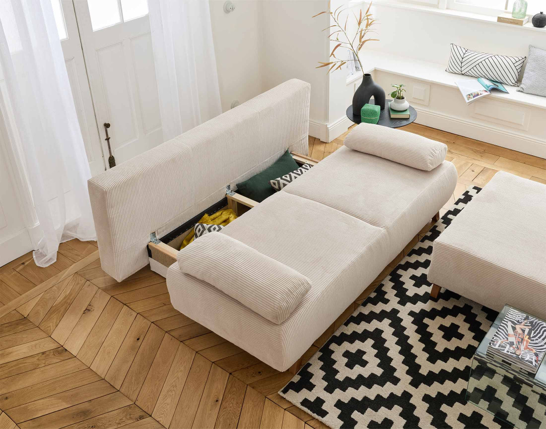 Canapé 3 places convertible avec coffre et grand pouf en velours côtelé Cristal