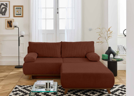 Canapé 3 places convertible avec coffre et grand pouf en velours côtelé Cristal