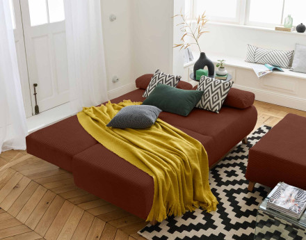 Canapé 3 places convertible avec coffre et grand pouf en velours côtelé Cristal