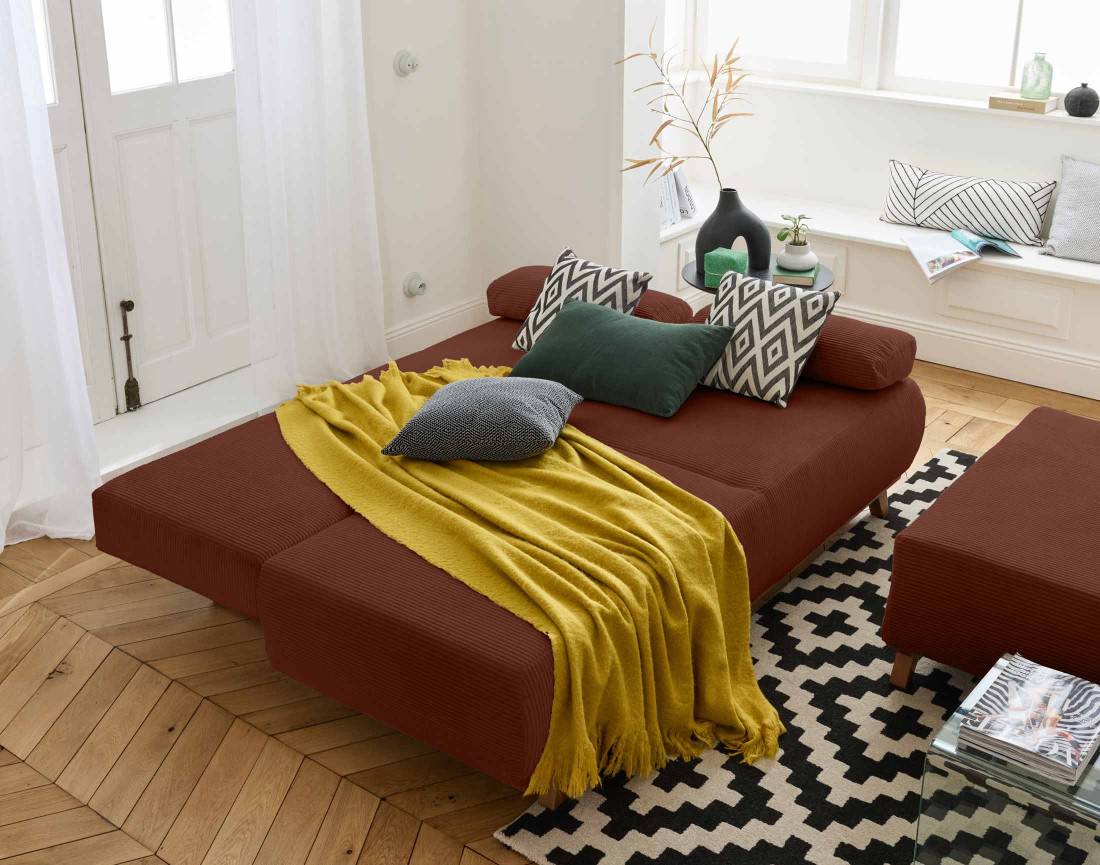 Canapé 3 places convertible avec coffre et grand pouf en velours côtelé Cristal