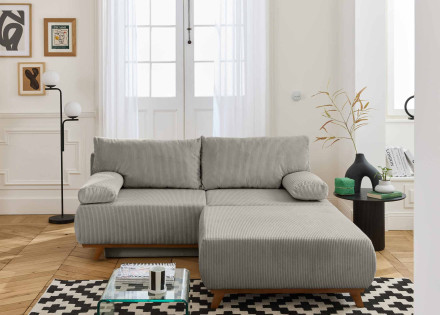 Canapé 3 places convertible avec coffre et grand pouf en velours côtelé Cristal