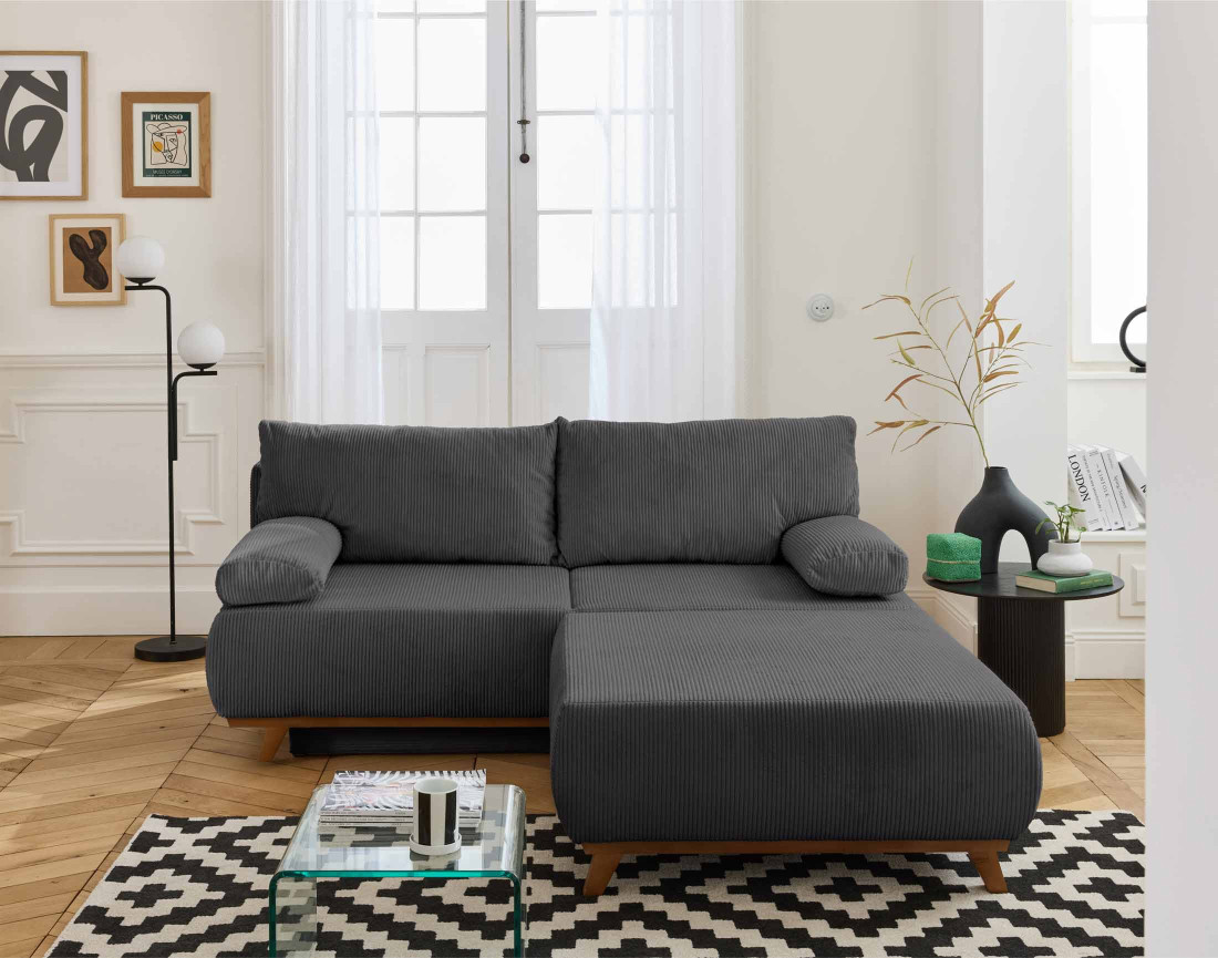 Canapé 3 places convertible avec coffre et grand pouf en velours côtelé Cristal