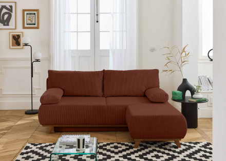 Canapé 3 places convertible avec coffre et pouf en velours côtelé Cristal