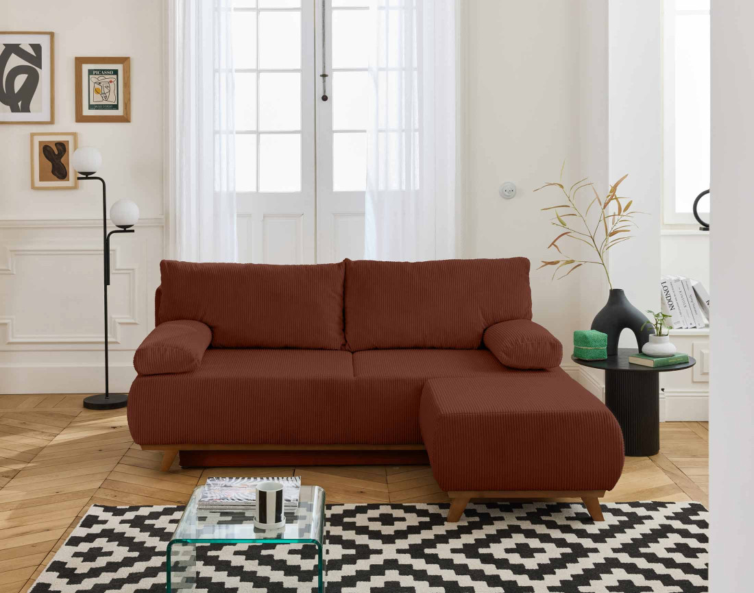 Canapé 3 places convertible avec coffre et pouf en velours côtelé Cristal Canapé 3 places convertible avec coffre et pouf en velours côtelé Cristal