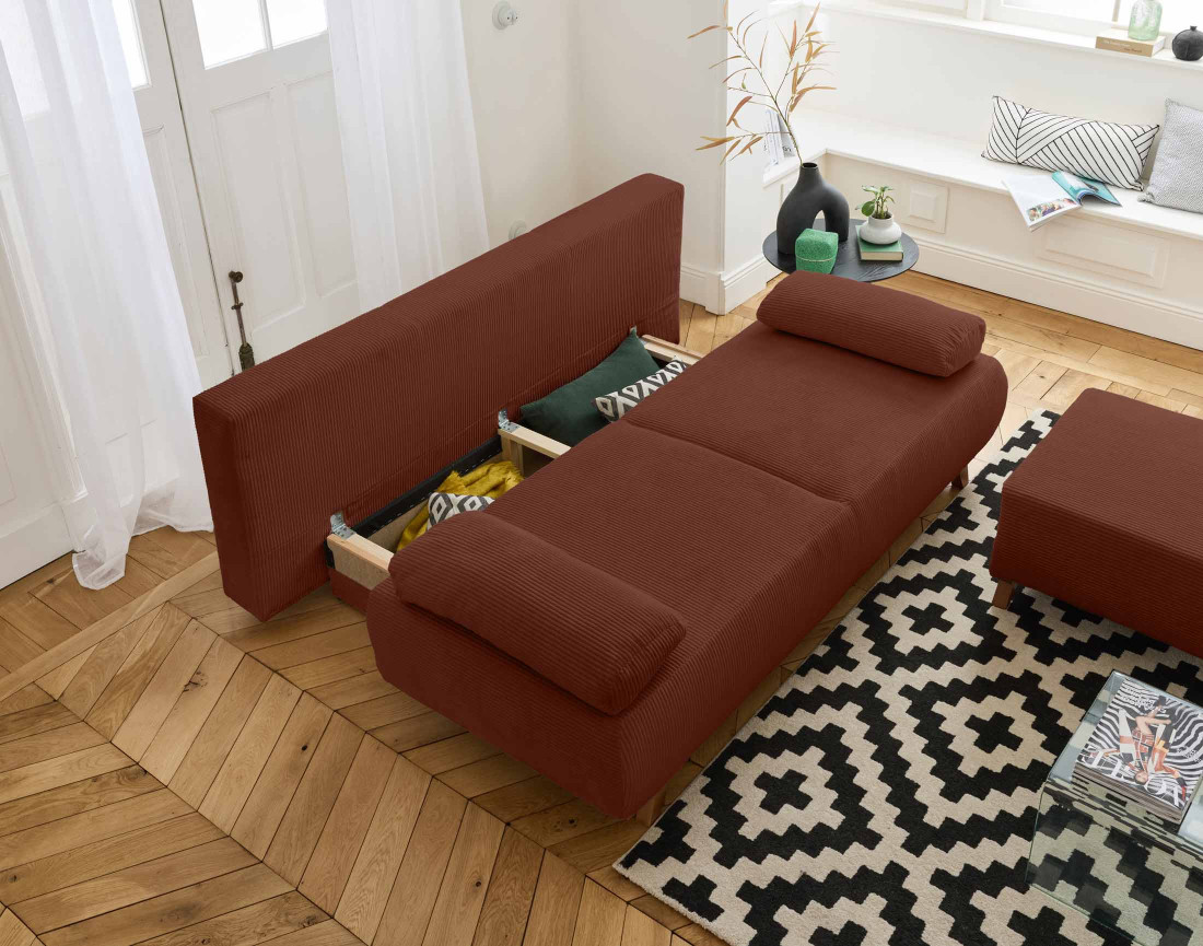 Canapé 3 places convertible avec coffre et pouf en velours côtelé Cristal Canapé 3 places convertible avec coffre et pouf en velours côtelé Cristal