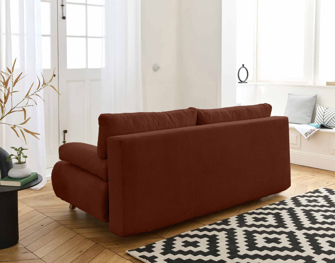 Canapé 3 places convertible avec coffre et pouf en velours côtelé Cristal Canapé 3 places convertible avec coffre et pouf en velours côtelé Cristal