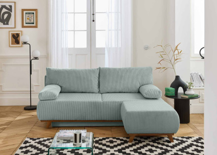 Canapé 3 places convertible avec coffre et pouf en velours côtelé Cristal