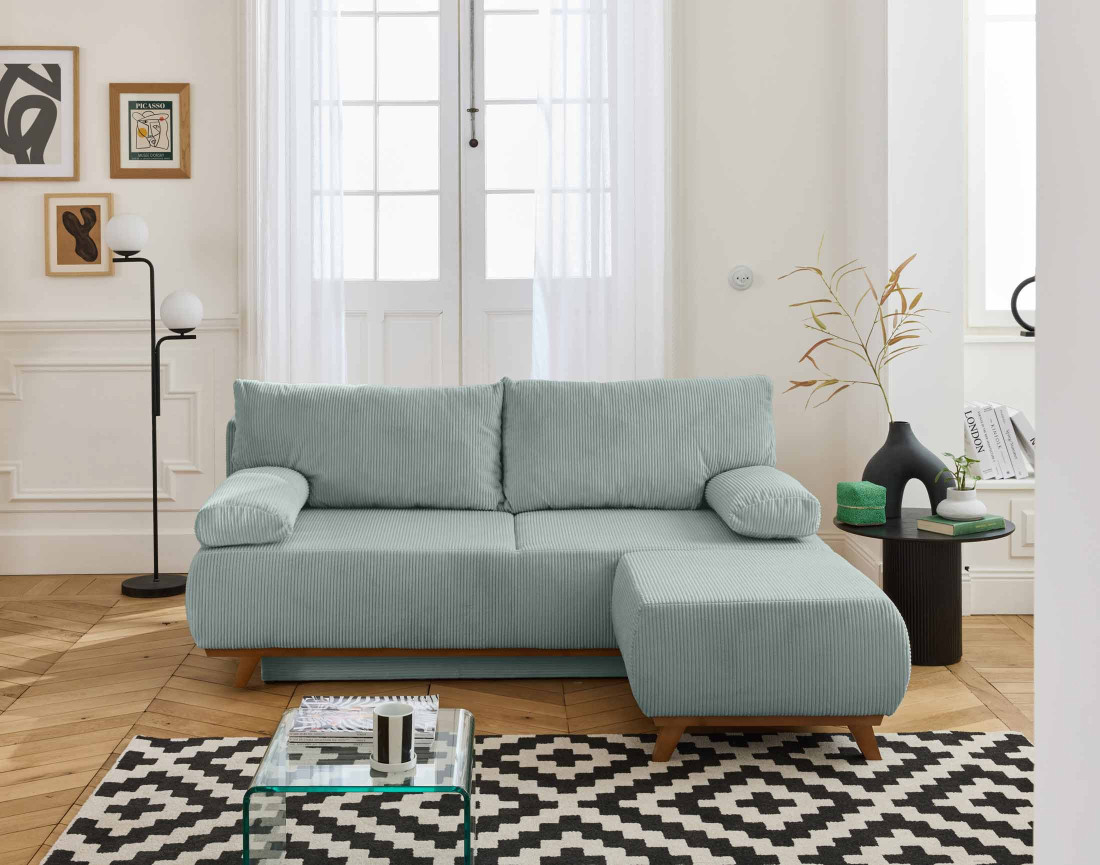 Canapé 3 places convertible avec coffre et pouf en velours côtelé Cristal