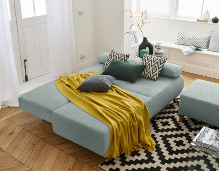 Canapé 3 places convertible avec coffre et pouf en velours côtelé Cristal