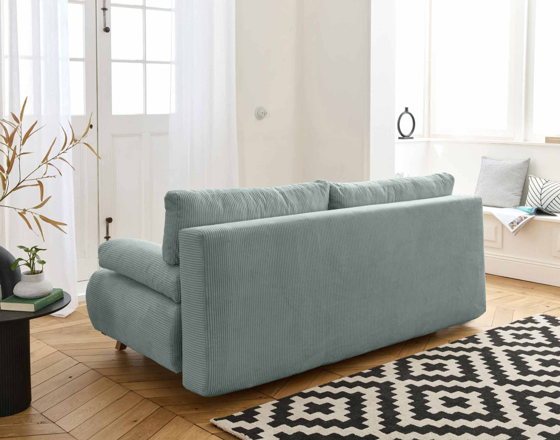 Canapé 3 places convertible avec coffre et pouf en velours côtelé Cristal