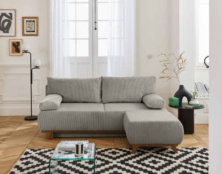 Canapé 3 places convertible avec coffre et pouf en velours côtelé Cristal