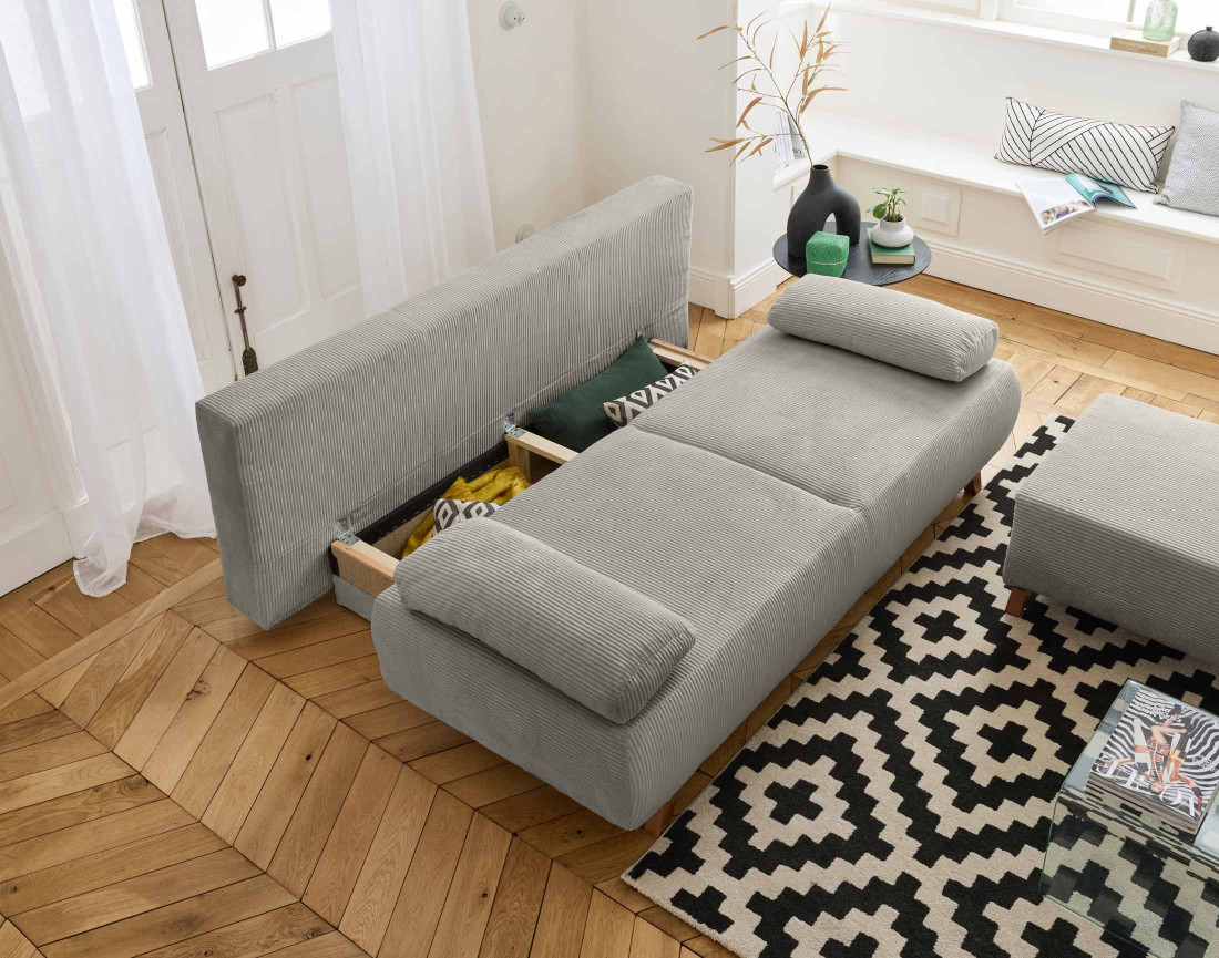 Canapé 3 places convertible avec coffre et pouf en velours côtelé Cristal