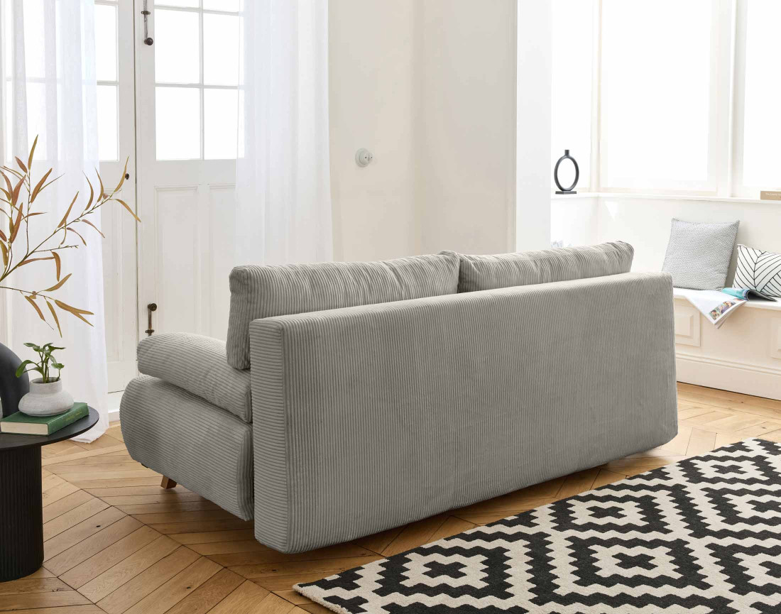 Canapé 3 places convertible avec coffre et pouf en velours côtelé Cristal
