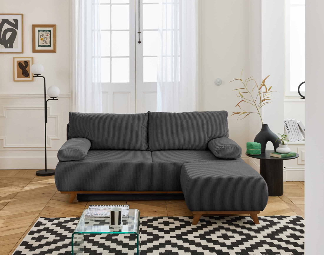 Canapé 3 places convertible avec coffre et pouf en velours côtelé Cristal