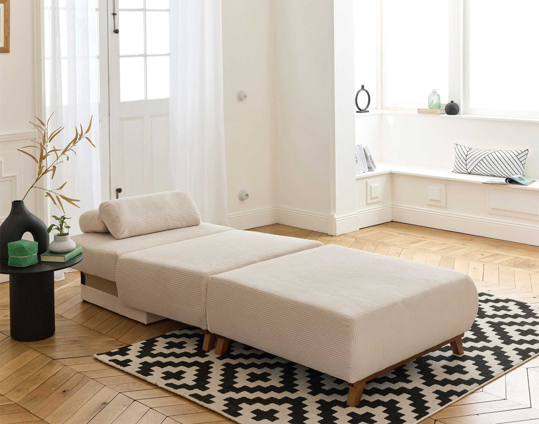 Fauteuil convertible avec coffre et grand pouf en velours côtelé Cristal