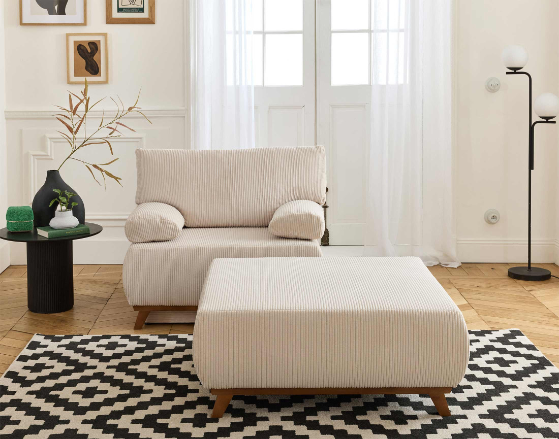 Fauteuil convertible avec coffre et grand pouf en velours côtelé Cristal