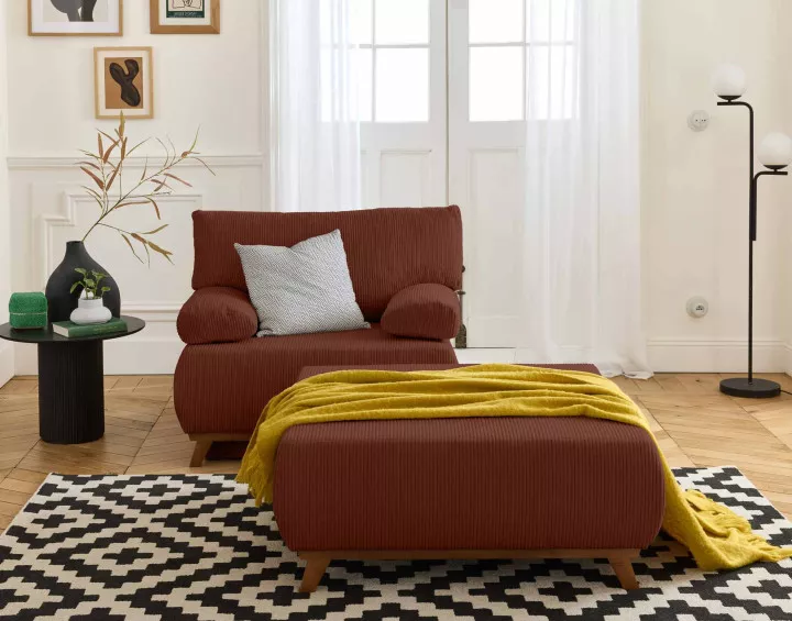 Fauteuil convertible avec coffre et grand pouf en velours côtelé Cristal