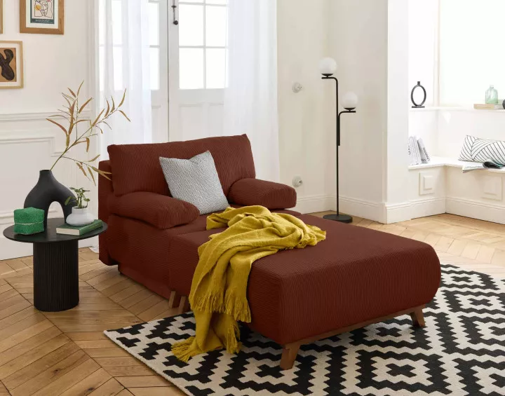 Fauteuil convertible avec coffre et grand pouf en velours côtelé Cristal