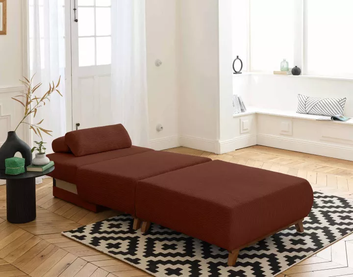 Fauteuil convertible avec coffre et grand pouf en velours côtelé Cristal