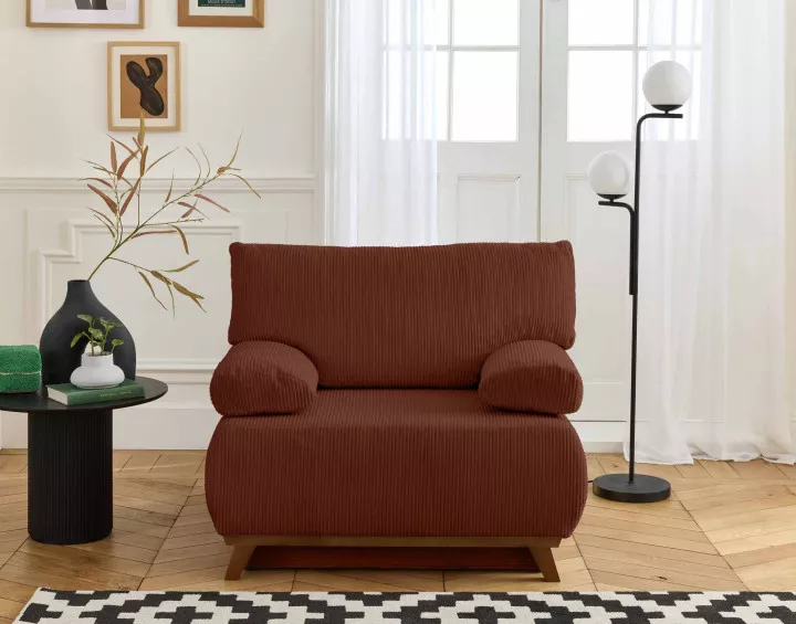 Fauteuil convertible avec coffre et grand pouf en velours côtelé Cristal