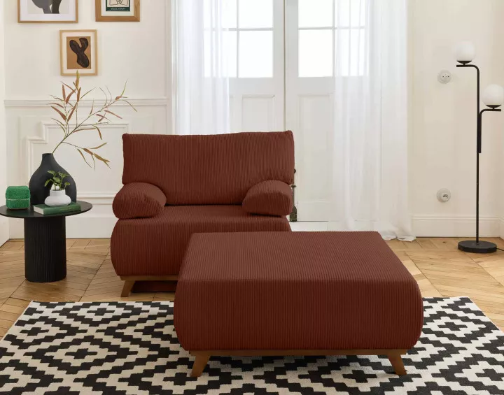 Fauteuil convertible avec coffre et grand pouf en velours côtelé Cristal